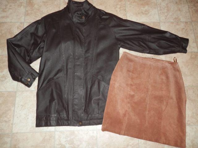 Leather jacket and suede skirt