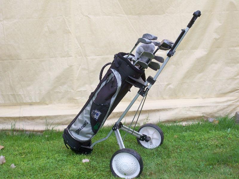 Golf Clubs with Spalding Golf bag and caddy