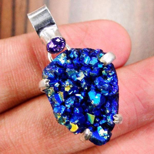 BLUE AND GREEN GEODE PENDANT 925 STERLING SILVER SETTING + CHAIN