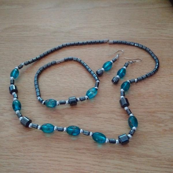 Hematite and blue beads: necklace, bracelet, earrings