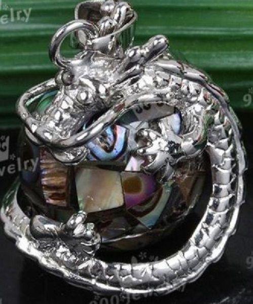 Sterling Silver Dragon Holding Abalone Sphere+ Chain
