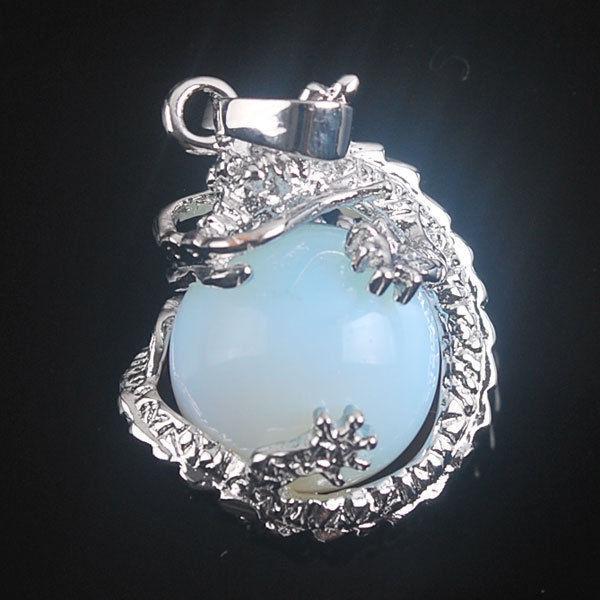 Sterling Silver Dragon on Moonstone Sphere + Chain