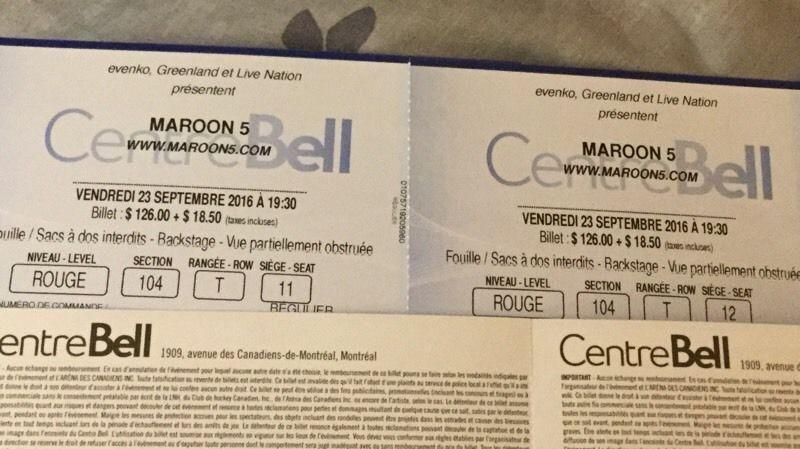 2 Maroon 5 tickets Montreal OBO
