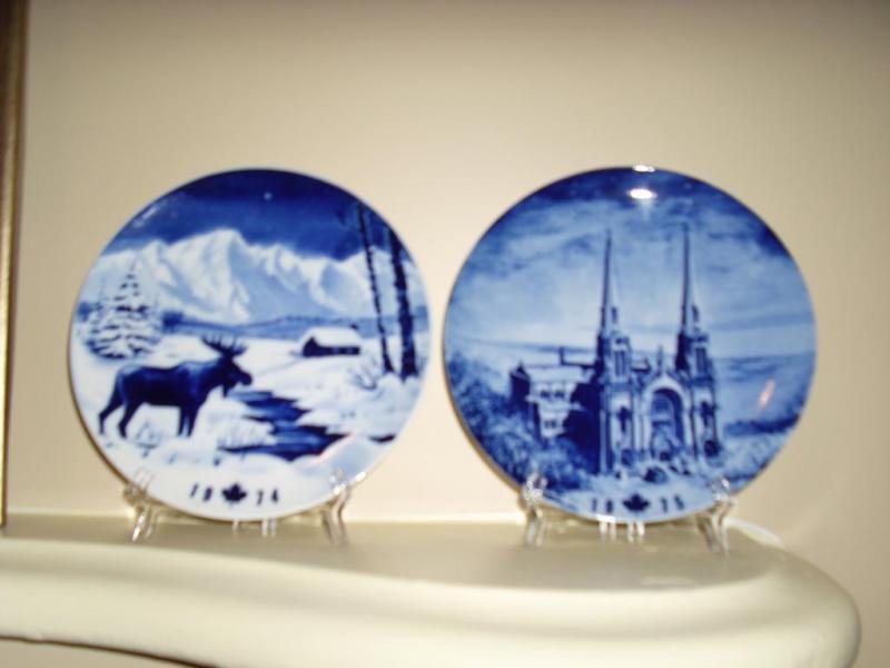 Blue Christmas Plates with stands, boxes and paperwork