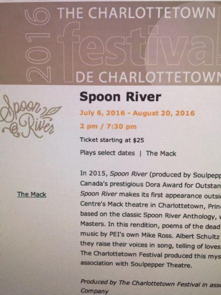 2 tickets to Spoon River at the Mack this Thursday 14th