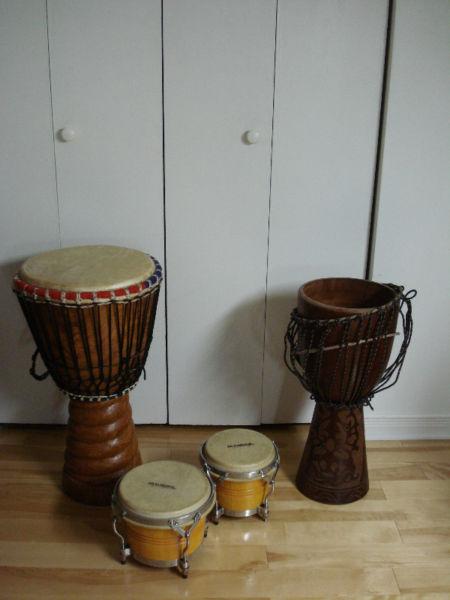 Djembes ( 2 ) + bongos ( 2 ) 