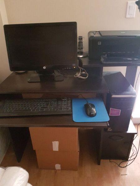 Computer. Desk. Chair. Printer