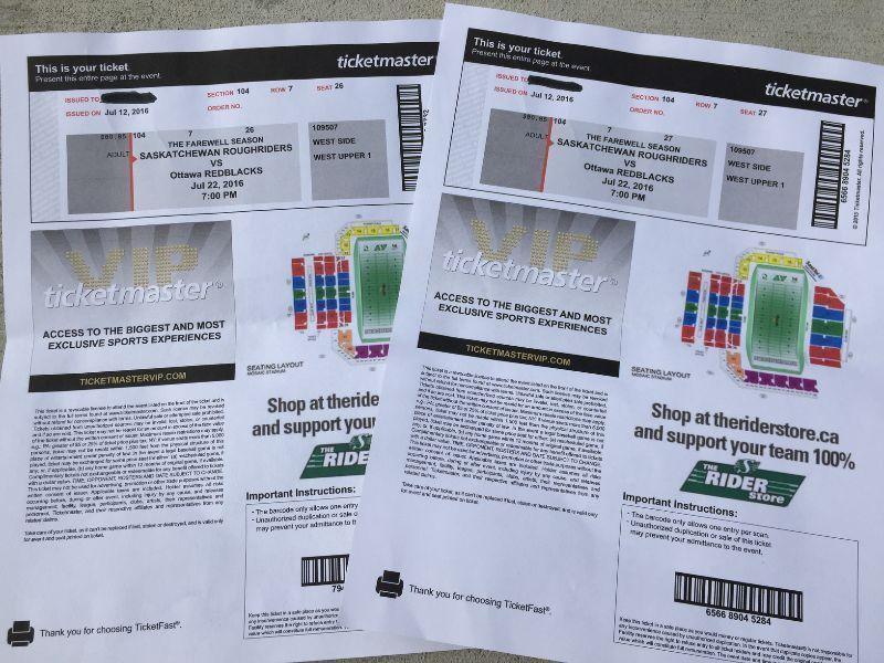 TWO July 22 Roughriders vs Redblacks tickets for sale