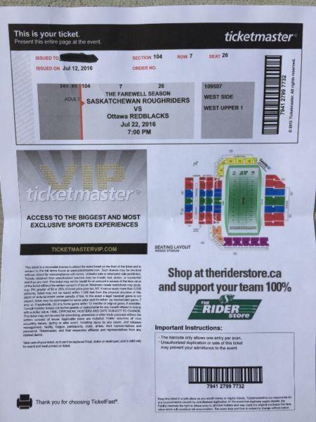 TWO July 22 Roughriders vs Redblacks tickets for sale