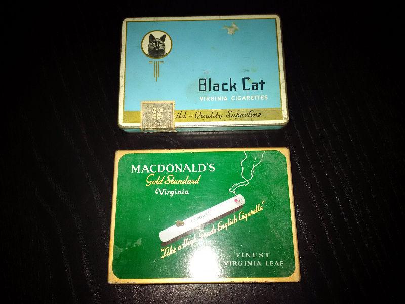 Vintage Black Cat, Macdonald's, and Player's cigarette tins! Bl