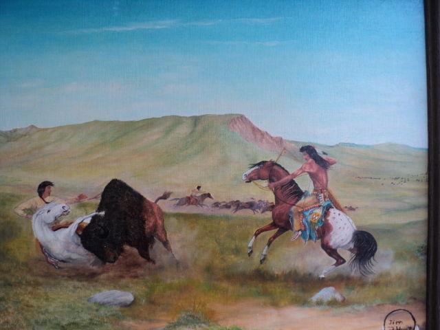 Original Native Buffalo hunting scene painting by Jim Hunt