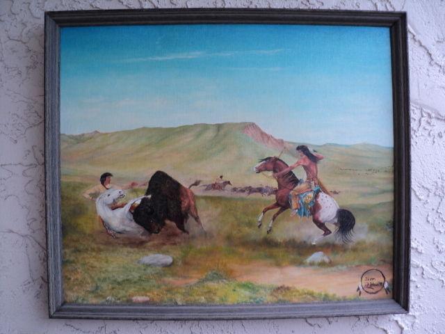 Original Native Buffalo hunting scene painting by Jim Hunt