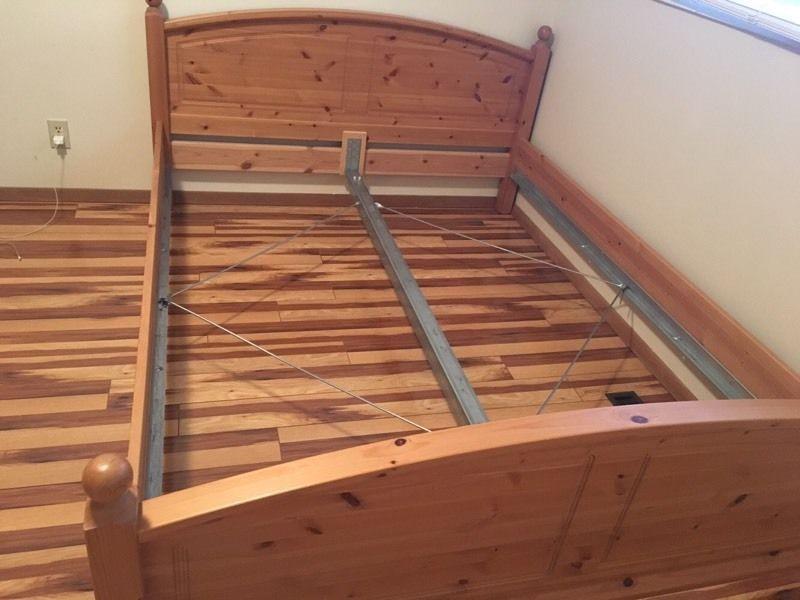 Queen size bedframe, mattress, 2 night table $600