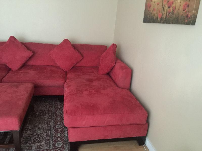 Bauhaus red microsuede sectional with chaise and ottoman