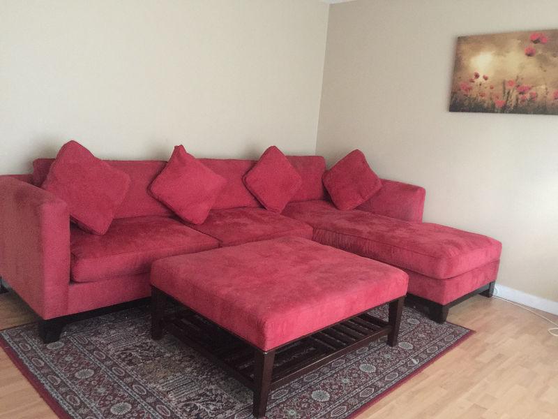 Bauhaus red microsuede sectional with chaise and ottoman