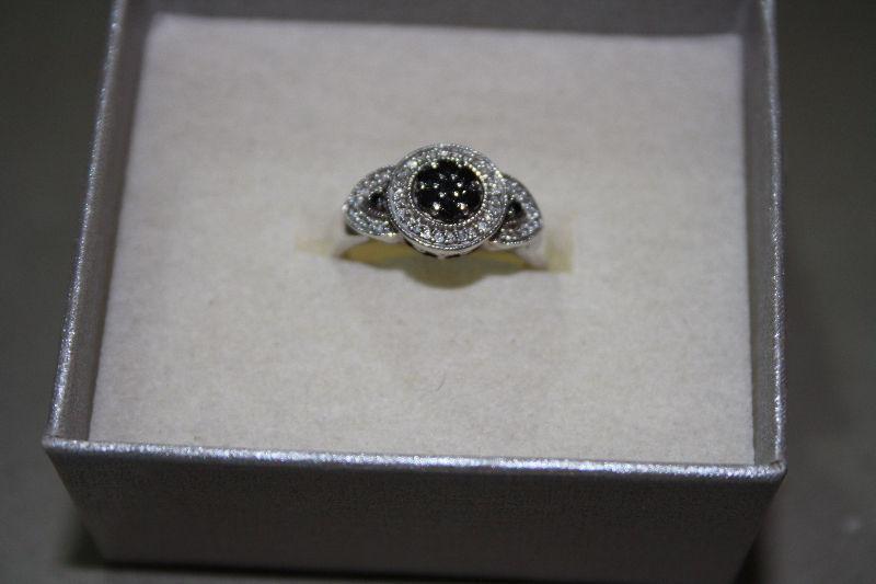 Stunning Diamond/Black Diamond Ring 6.5 (set in 925)