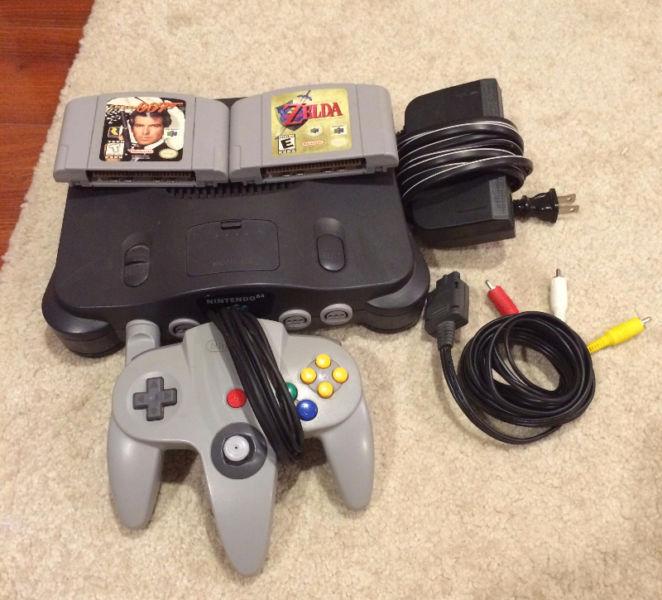 N64/Nintendo 64 w/ controller, hookups, and 2 games