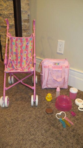 Doll stroller and doll diaper bag with accessories