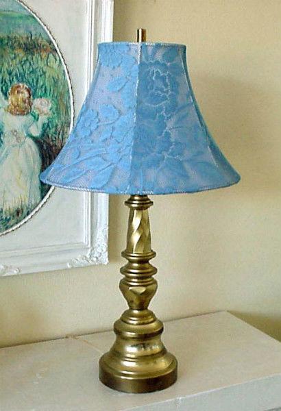 **Upcycled Brass Table Lamp w/ Hand Made Blue Lace Shade