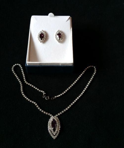 Vintage Amythest & Rhinestone Necklace & Earring Set - Gorgeous!