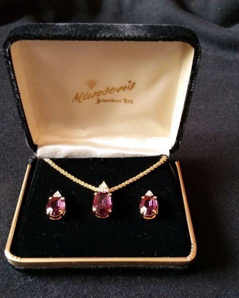 Vintage Vendome Anythest & Rhinestone Necklace & Earrings Set