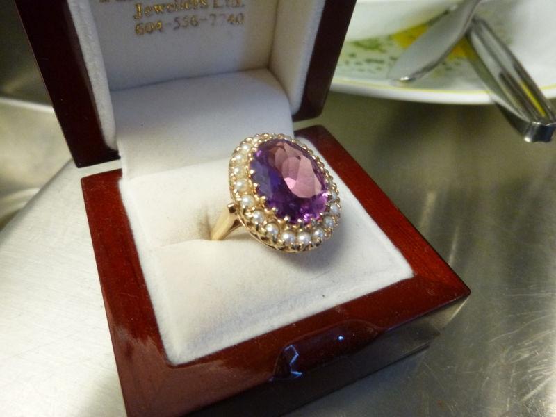 10K Gold Ladies Pearl and Center Amethyst Cocktail Ring