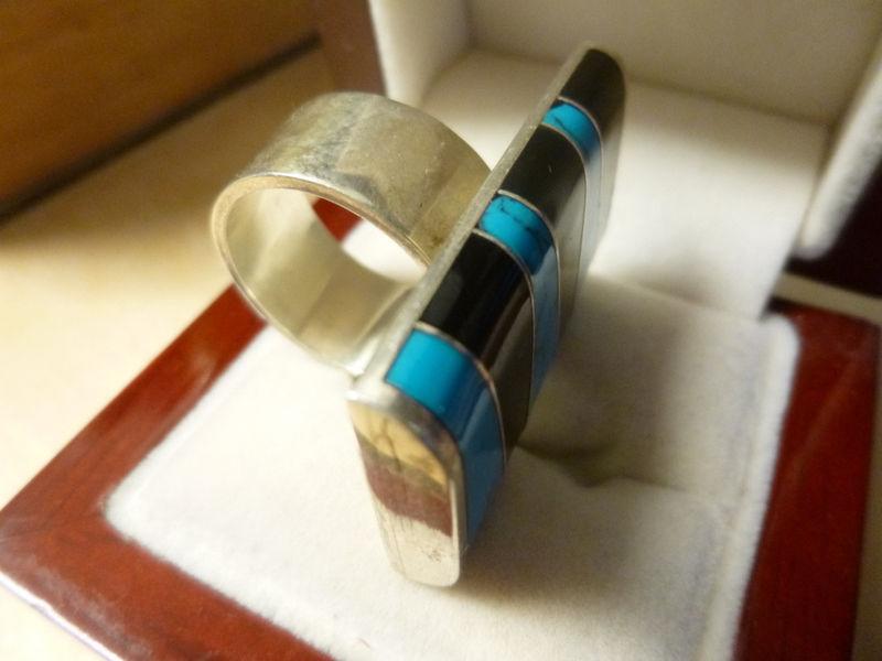 Turquoise and Black Onyx Sterling Silver Ring is a size 8 3/4