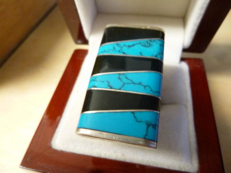 Turquoise and Black Onyx Sterling Silver Ring is a size 8 3/4