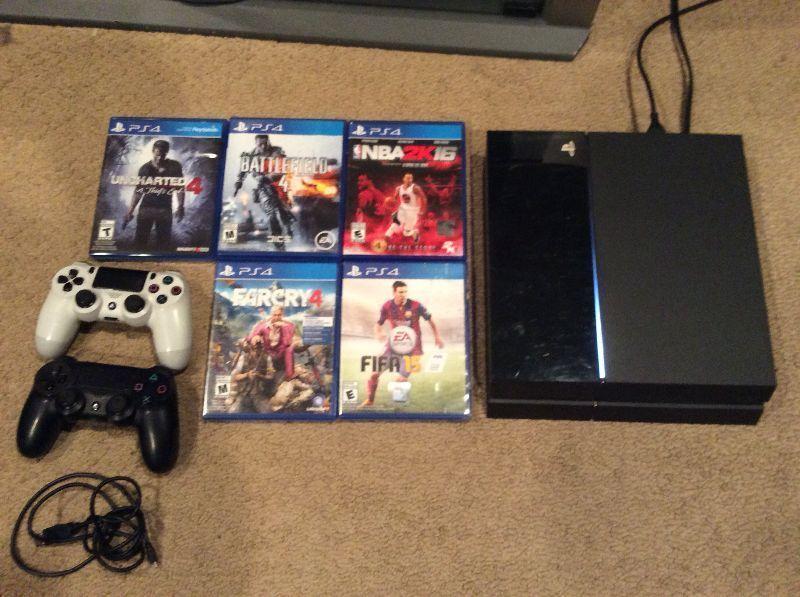 500gb PS4, 5 games, 2 controllers, cords included