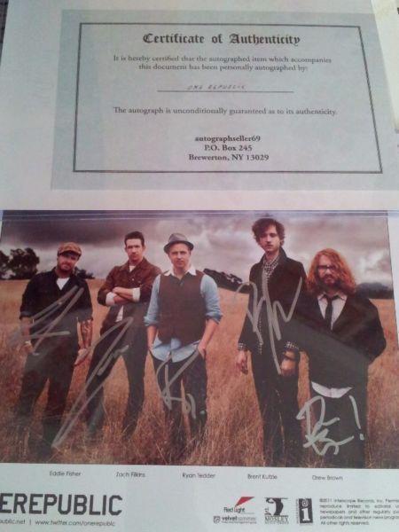 OneRepublic signed photos/certificate of authenticity enclosed