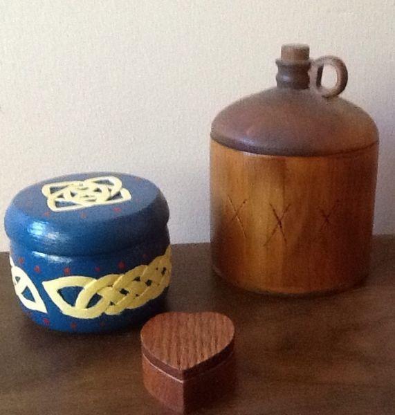 3 WOODEN JARS MADE LOCALLY. Also COLLECTOR TINS.see all pics
