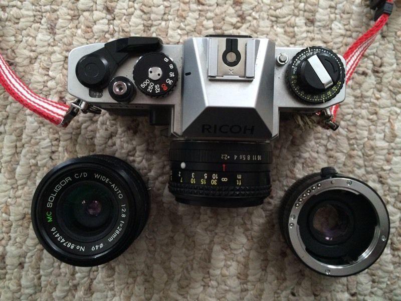 Ricoh 35mm film camera with lenses, flash, bag etc