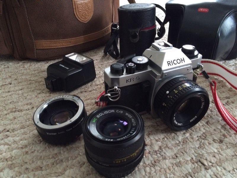 Ricoh 35mm film camera with lenses, flash, bag etc