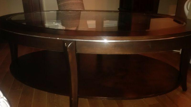 oval dark wood coffee table glass top