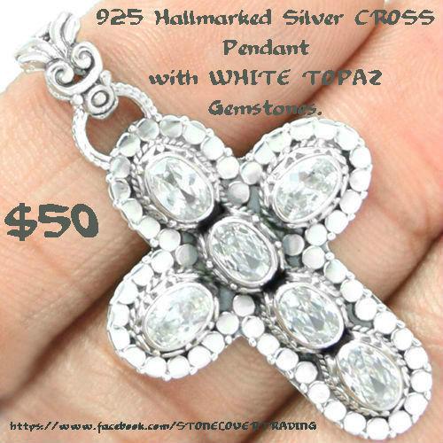 925 Hallmarked Silver CROSS Pendant with WHITE TOPAZ Gemstones