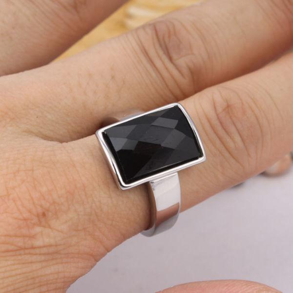 Stainless Steel with Black Glass Stone Ring Size: 12