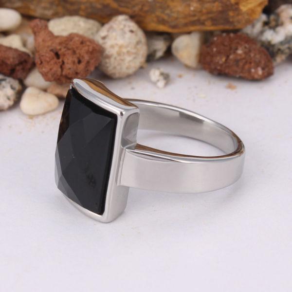 Stainless Steel with Black Glass Stone Ring Size: 12