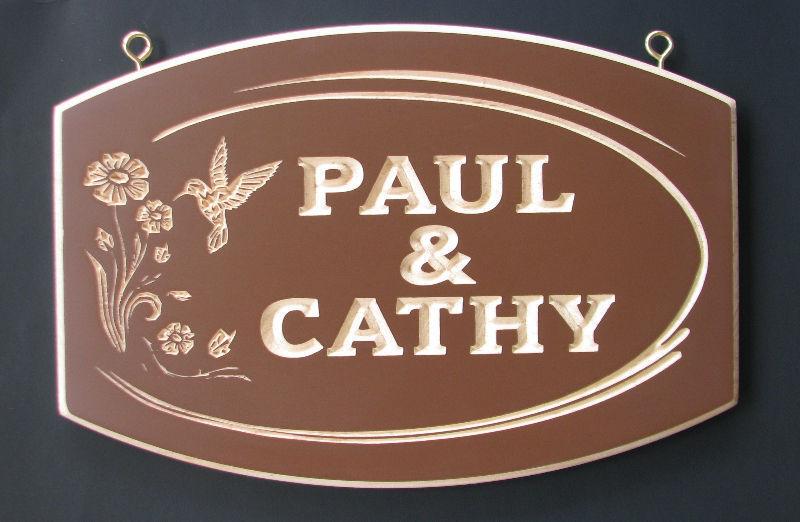 Custom Carved Personalized Sign with Hummingbird and Flowers
