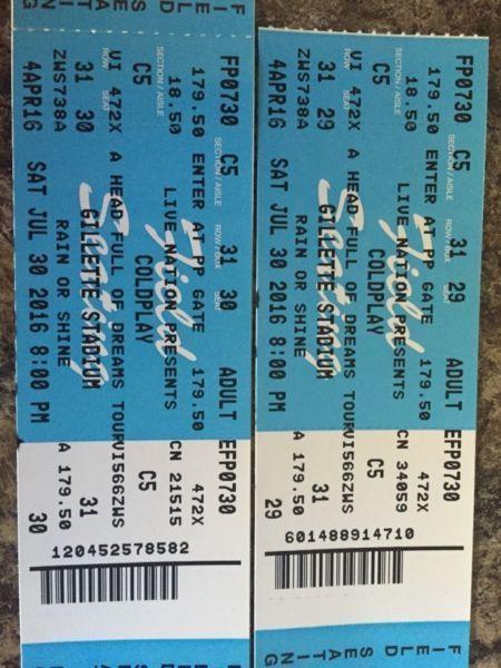 2 tickets for Cold Play concert in Boston