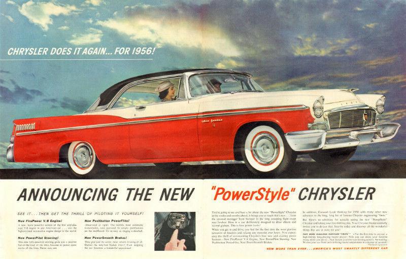 Large original two-page color print ad, 1956 Chrysler New Yorker
