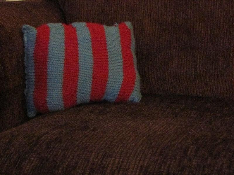 Red and Blue Knitted Pillow for Sale