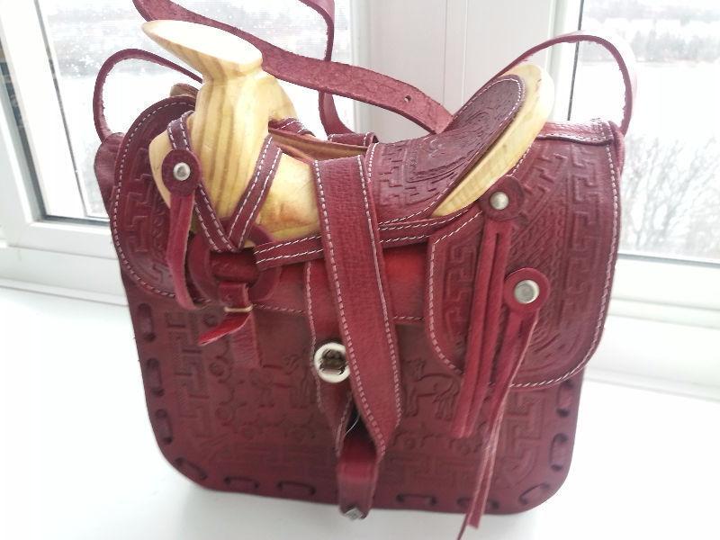 Mexican Hand Tooled Leather Burgundy Western Saddle Bag