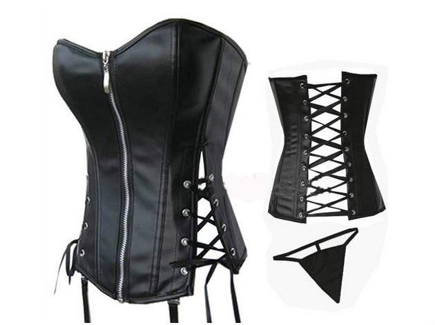 New Black Leather Corsets Women Bustier Top With G-string Zipper