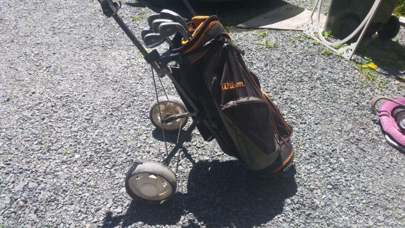 Golf clubs with Wilson caddy