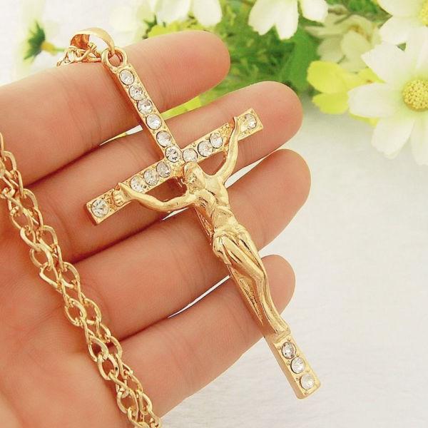 14k Yellow Gold-Filled Two-Tone Embossed Crystal Cross Pendant 2