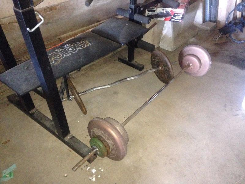weight bench, bars and weights