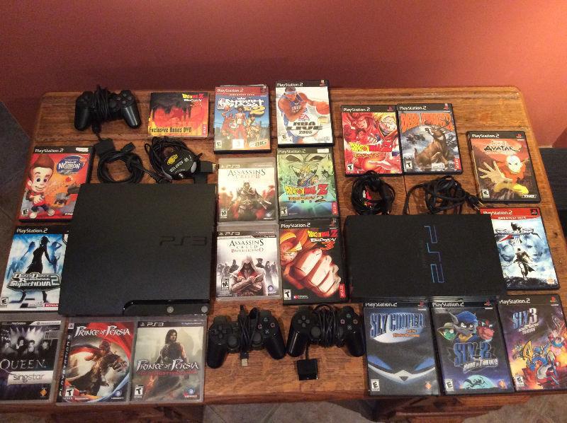 PS3 and PS2 with games, controller, and cords