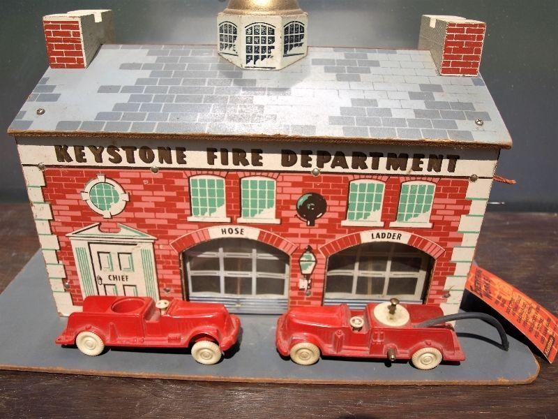 1940's Keystone Toys Firehall with Trucks