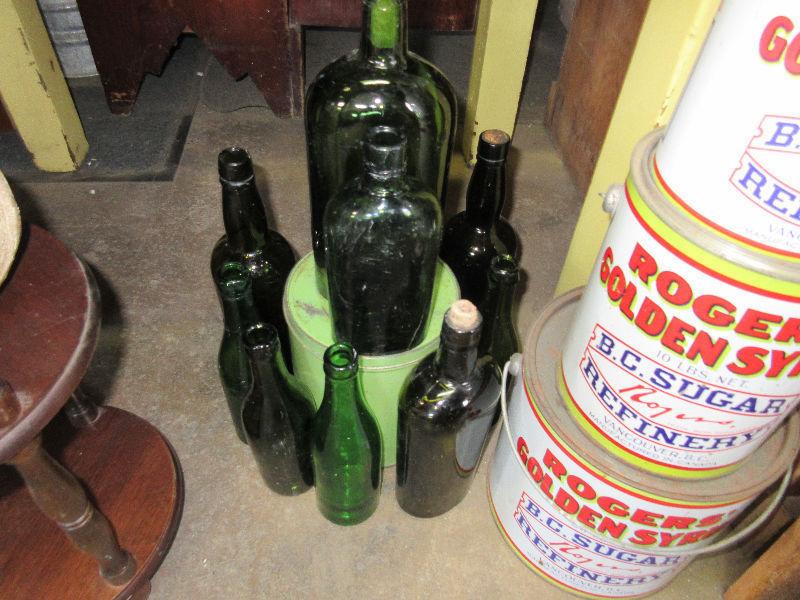 antique heavy green glass bottles