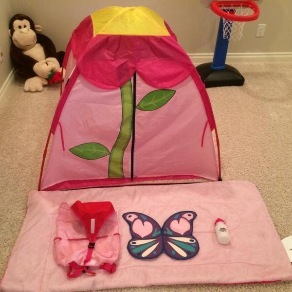 Girl's 5 pc Play Tent Combo with Sleeping Bag, flashlight and ca